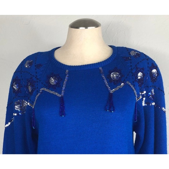Vintage 80s Cobalt Blue Beaded Sweater Dress Maxi XS Small M western glam - Picture 5 of 10